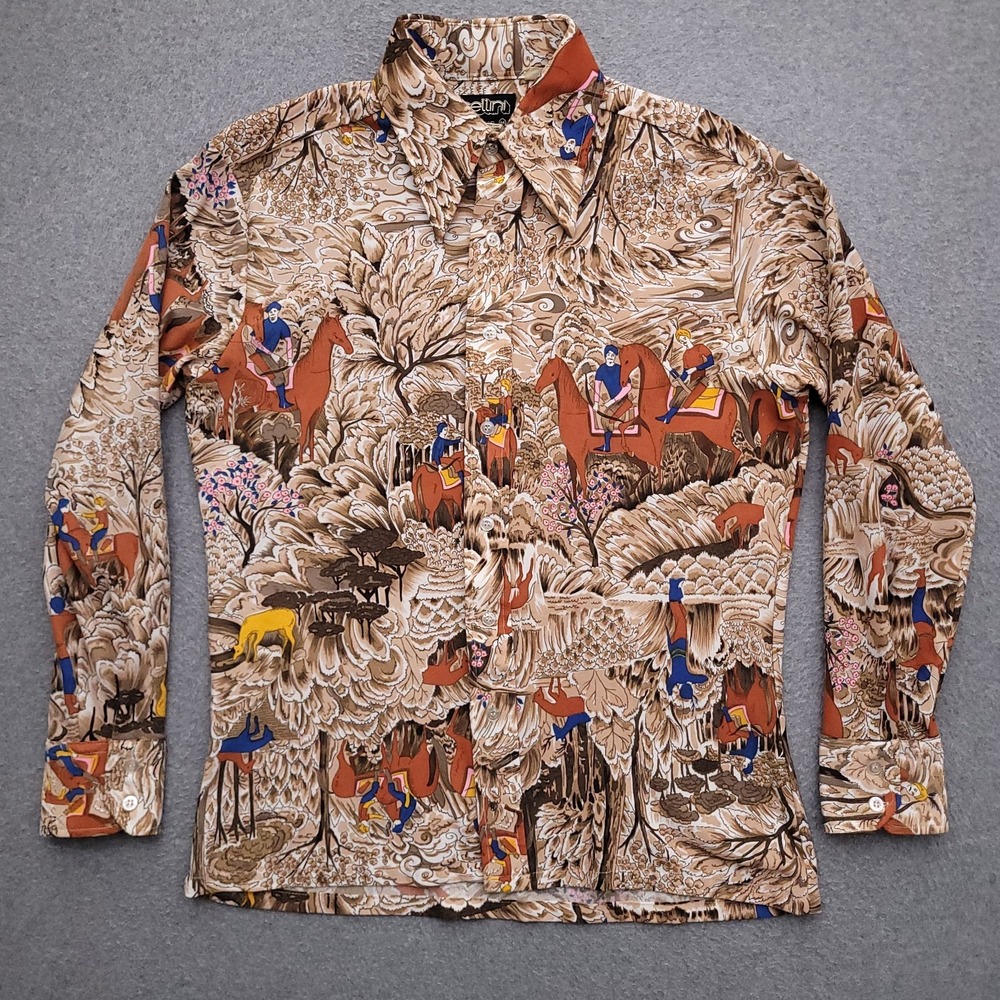 VTG 70s Cellini Shirt Mens Medium Persian Miniature Art Print Ancient Tapestry